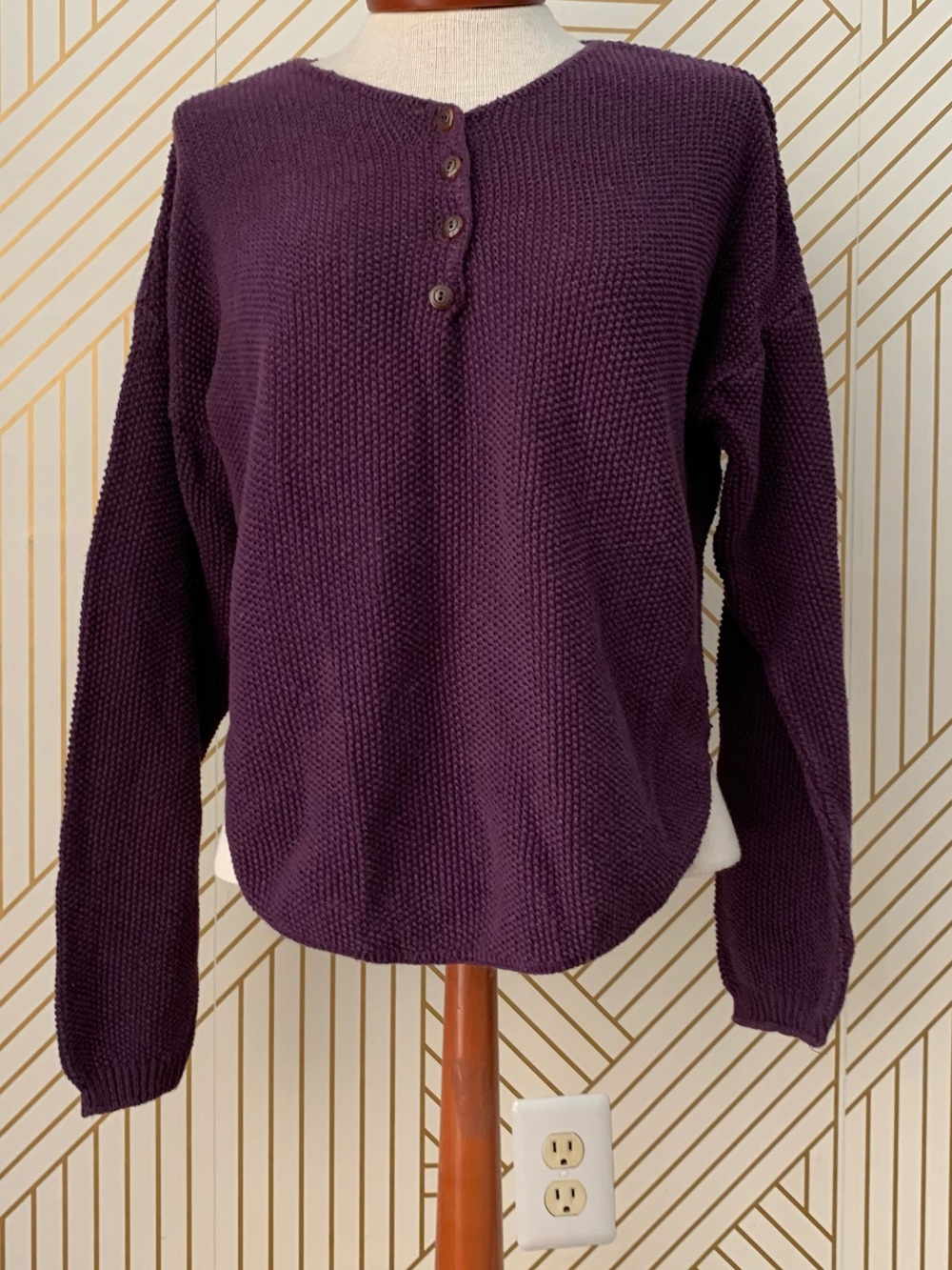 Anchor blue Y2K 2000s Vintage waffle knit sweater v neck Henley sweater plum L